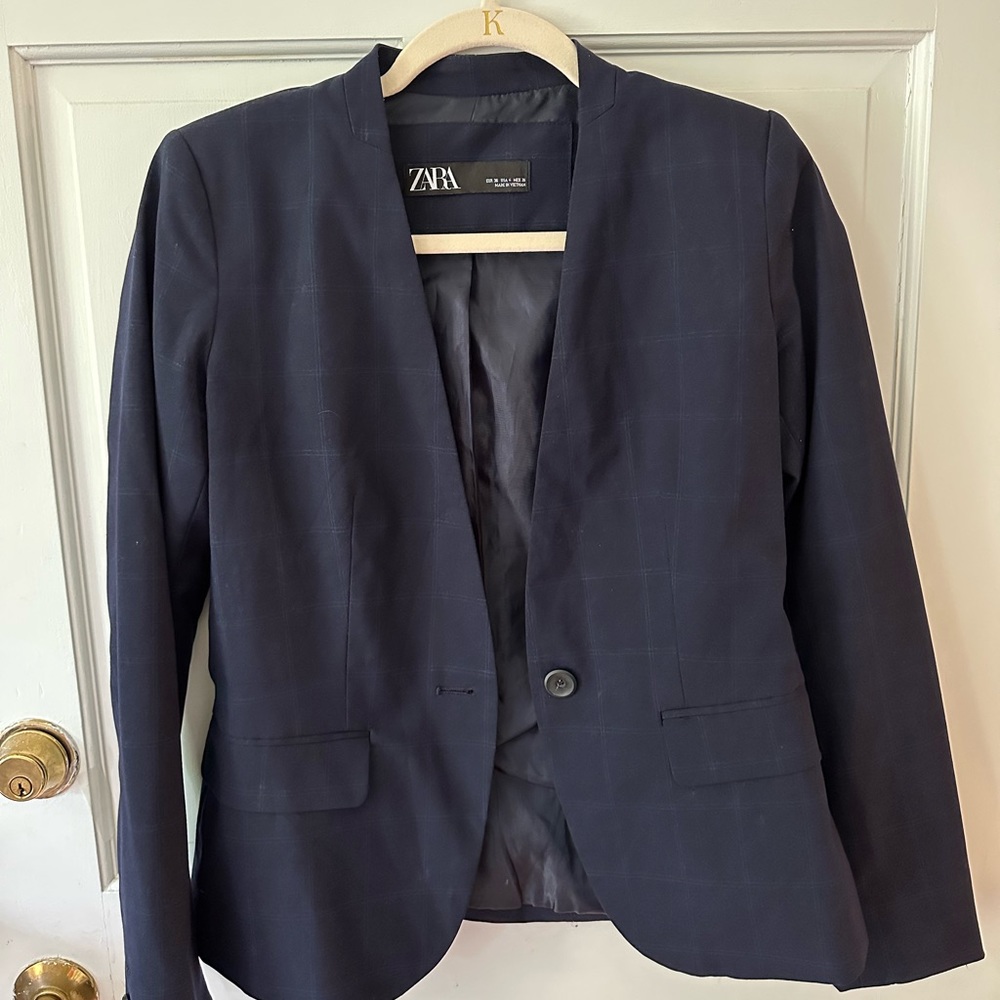 Zara Navy Plaid Blazer
